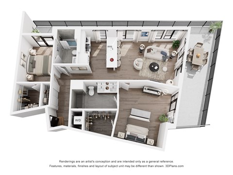 Floor plan for 2 beds, 2 baths, 1255 sqft